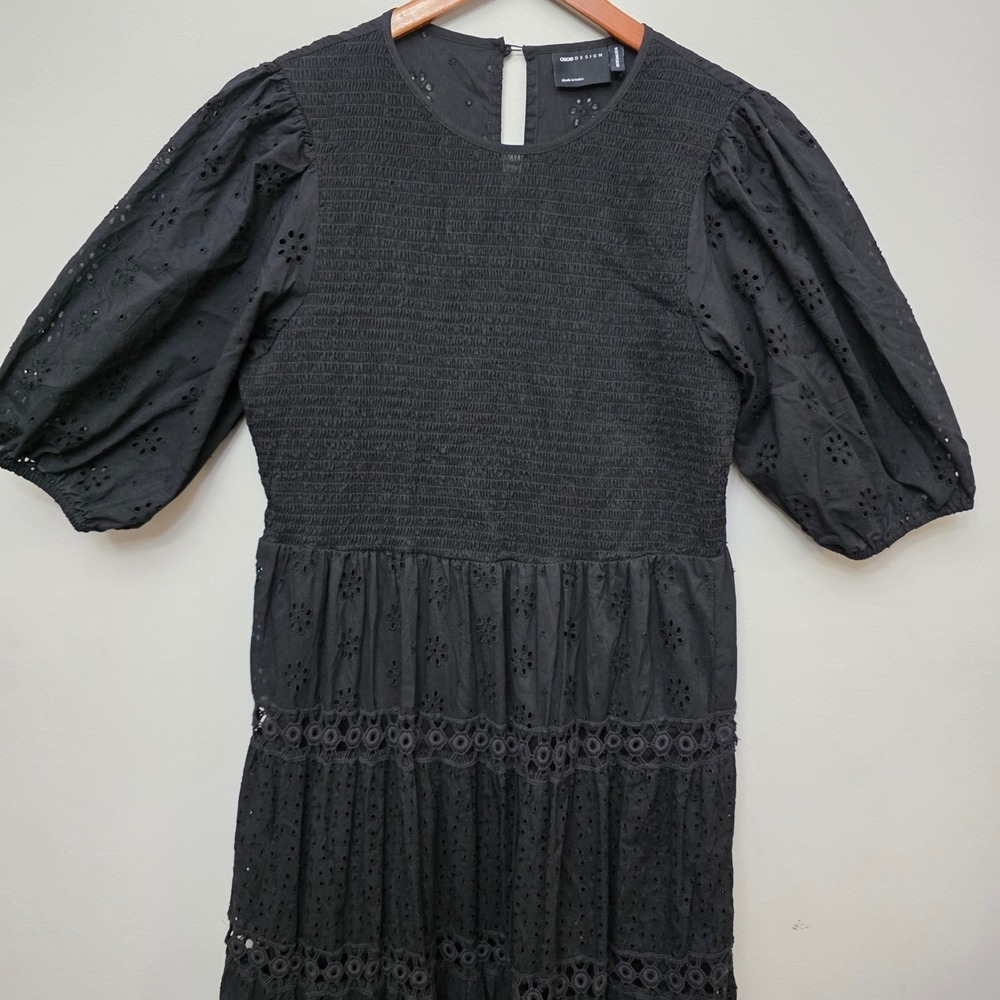 ASOS DESIGN Black Eyelet Cotton Smocked Tiered Maxi Dress Puff Sleeve US 14 Boho - Picture 3 of 15